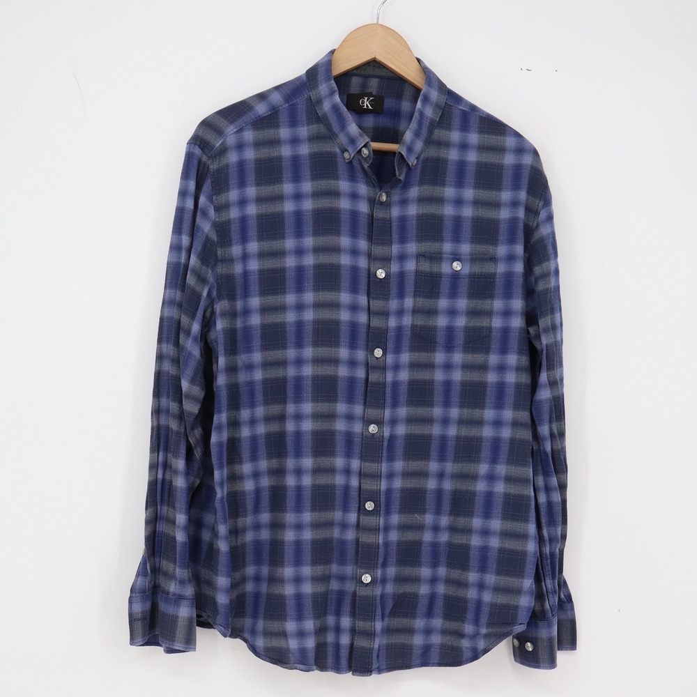 Calvin Klein Shirt Mens Large Plaid Blue Button-Down Long Sleeve Excellent